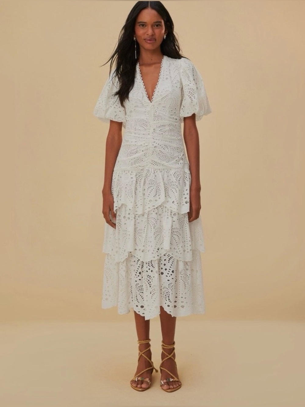 FARM Rio White Eyelet Tiered Midi Dress